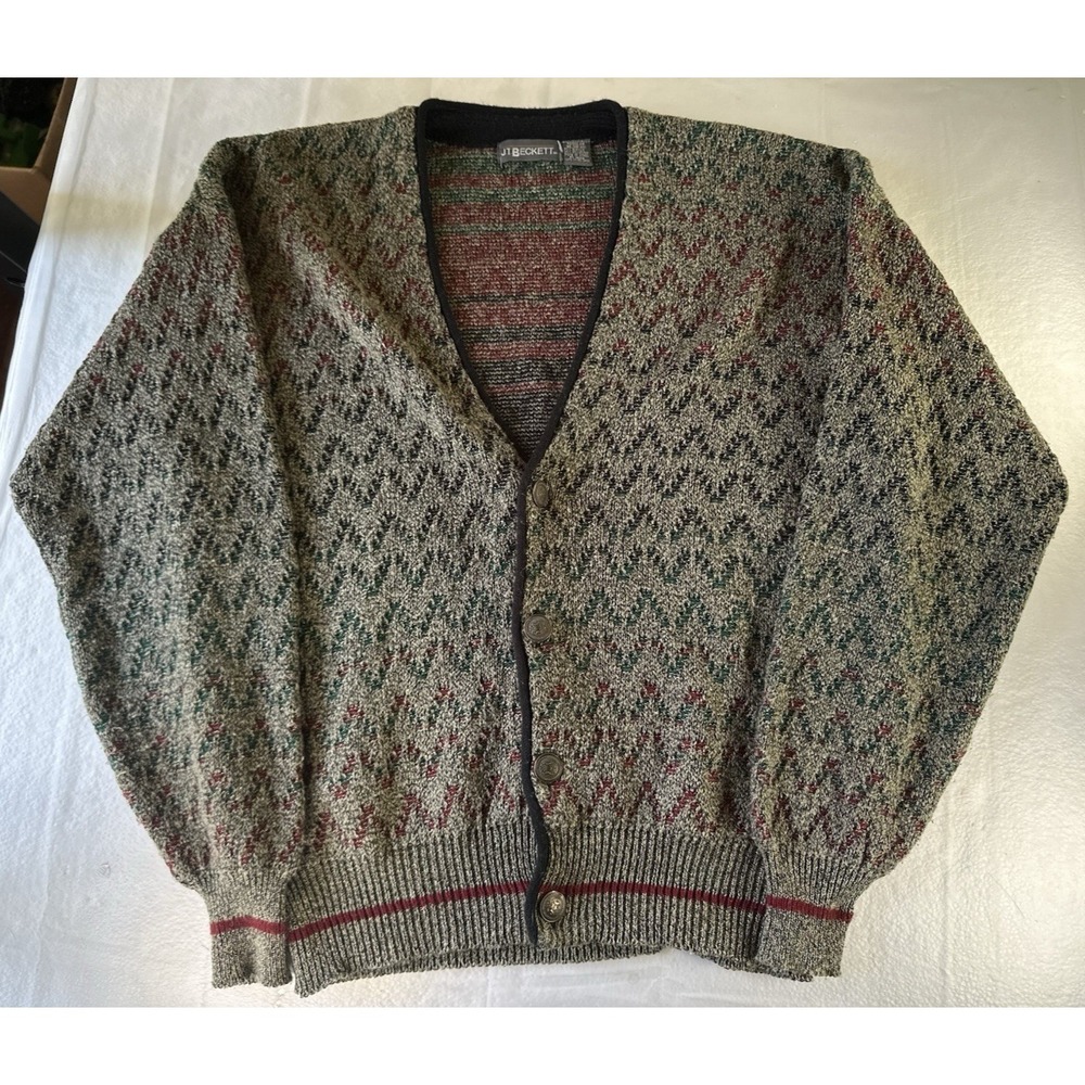 Vintage J.T. Beckett Cardigan Sweater Mens XL Multicolor Geometric Knit Italy